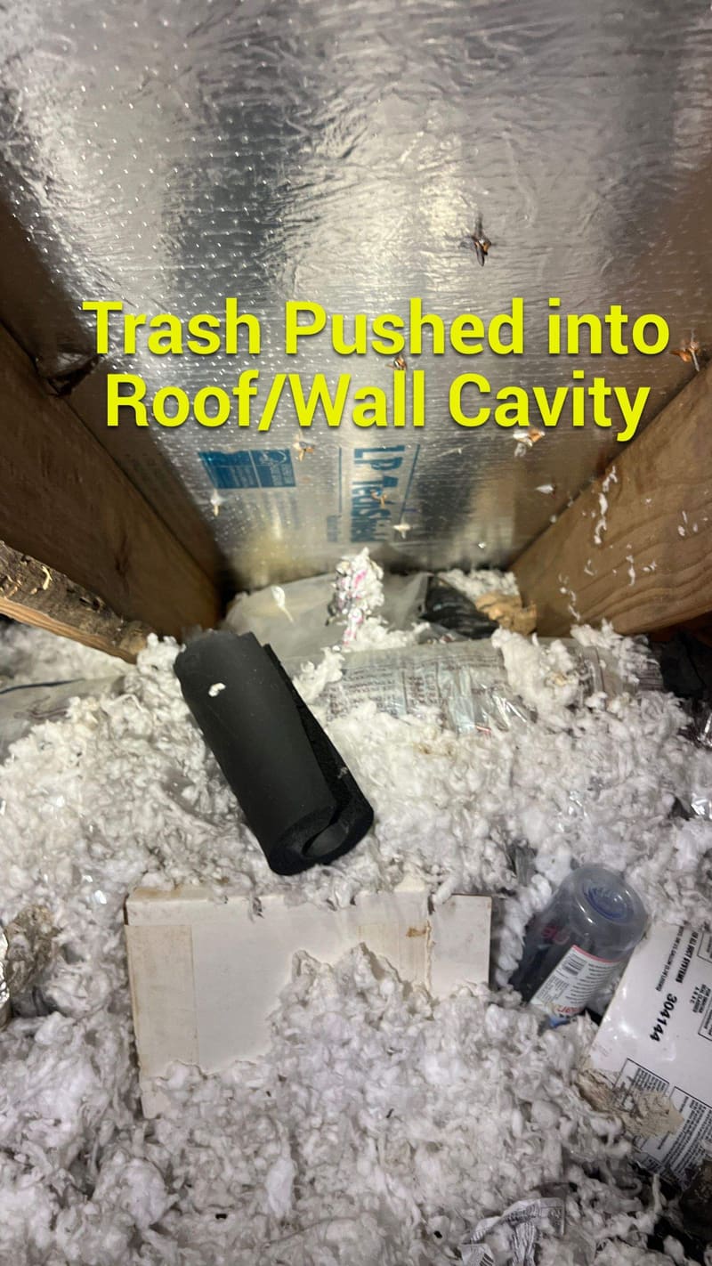 Annotated ColdSolutions inspection photo: trash pushed into a roof cavity by a previous contractor